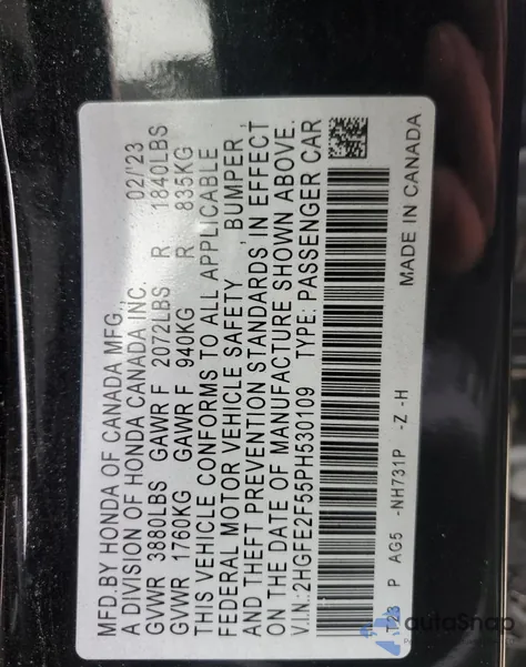 2023 Honda Civic Sport from USA, damaged, VIN 2HGFE2F55PH530109